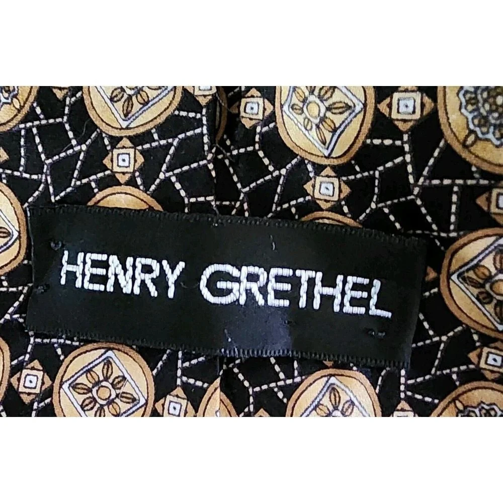 Henry Grethel Mens Tie Black Geometric Print 100% Italian‎ Silk